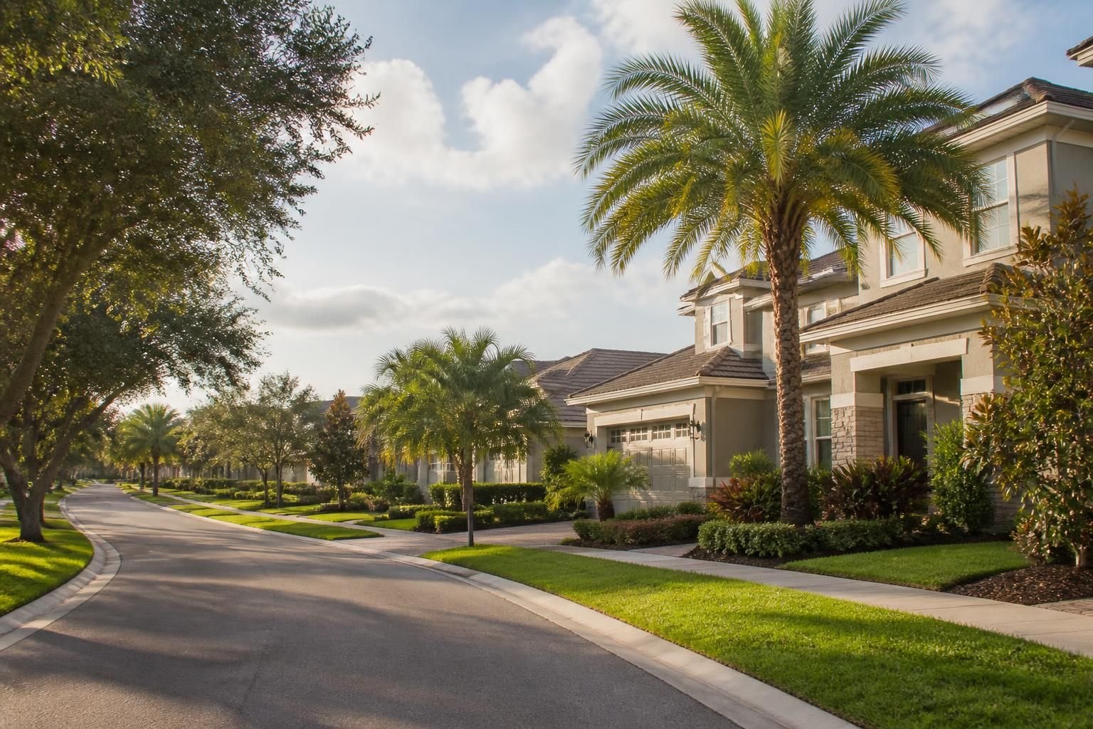 Upscale Fish Hawk street with lush greenery and modern homes.