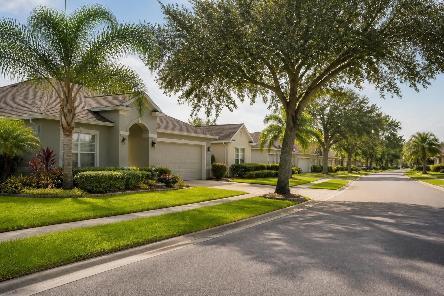 Well-kept residential street in Gibsonton with green lawns.