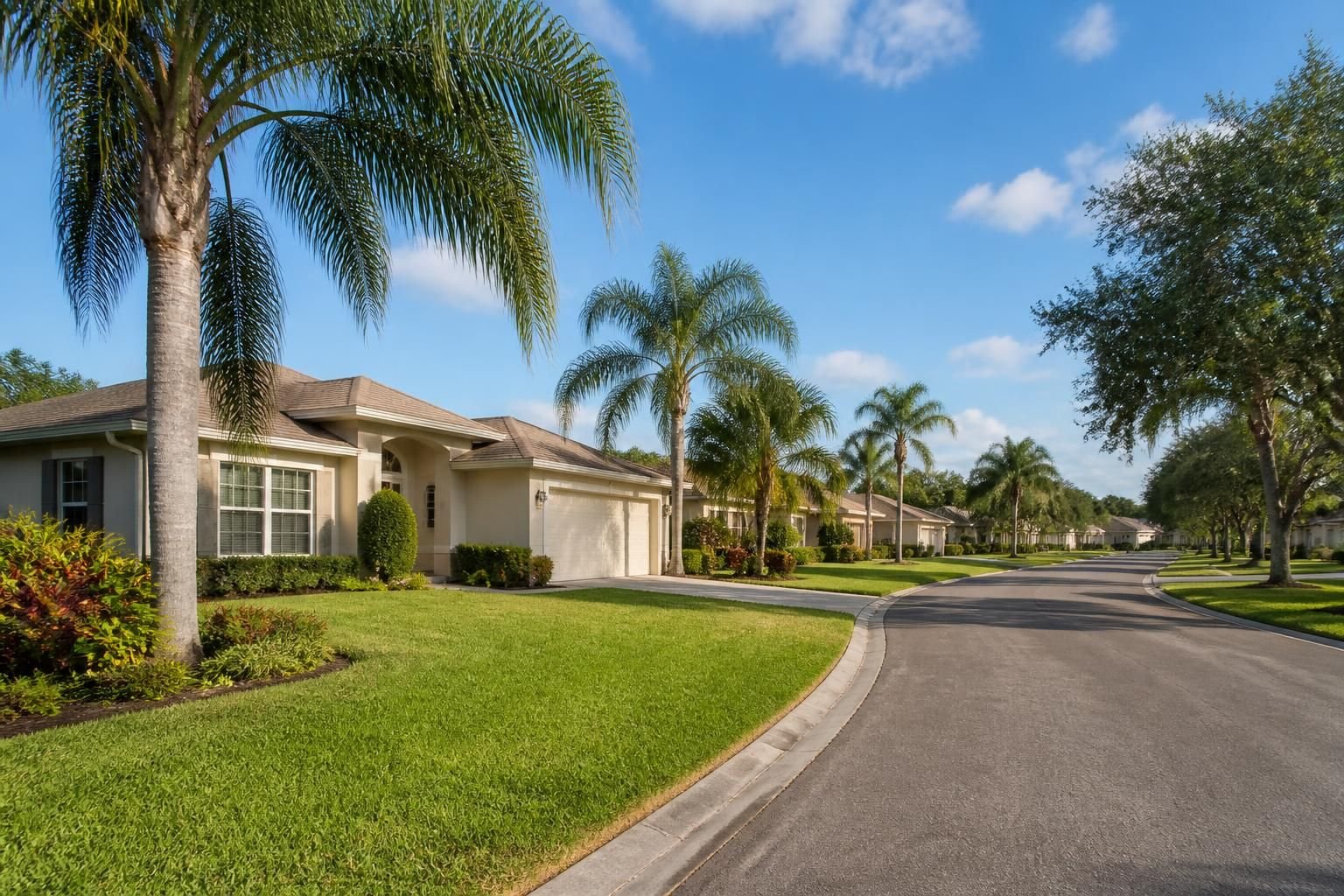Suburban Mango neighborhood with palms and tidy houses.