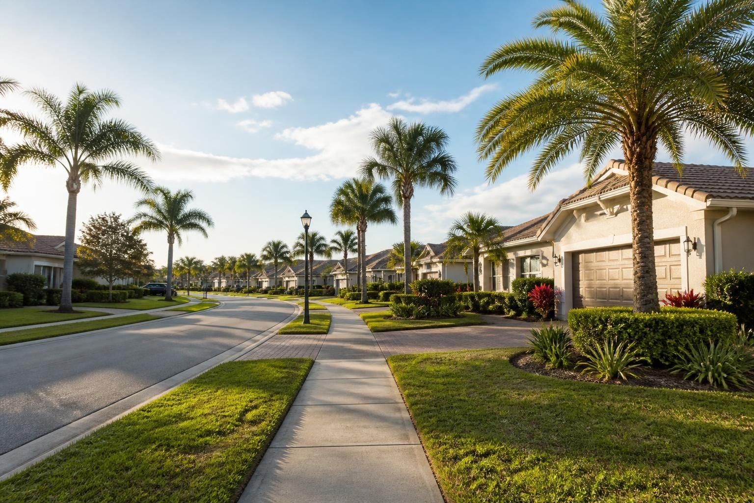 Welcoming Ruskin neighborhood with palm trees and tidy homes.