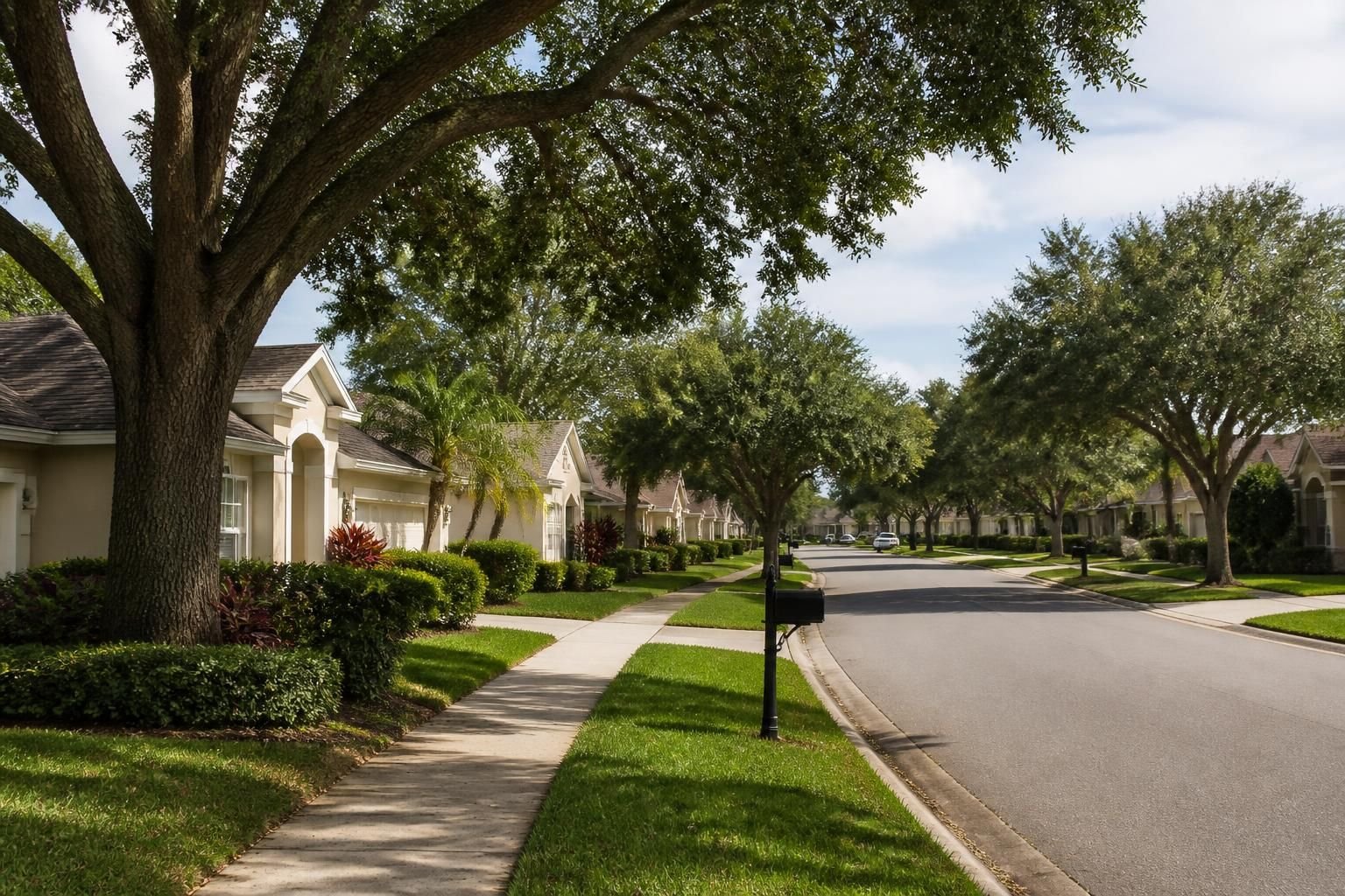 Suburban Valrico street with trees and tidy homes.